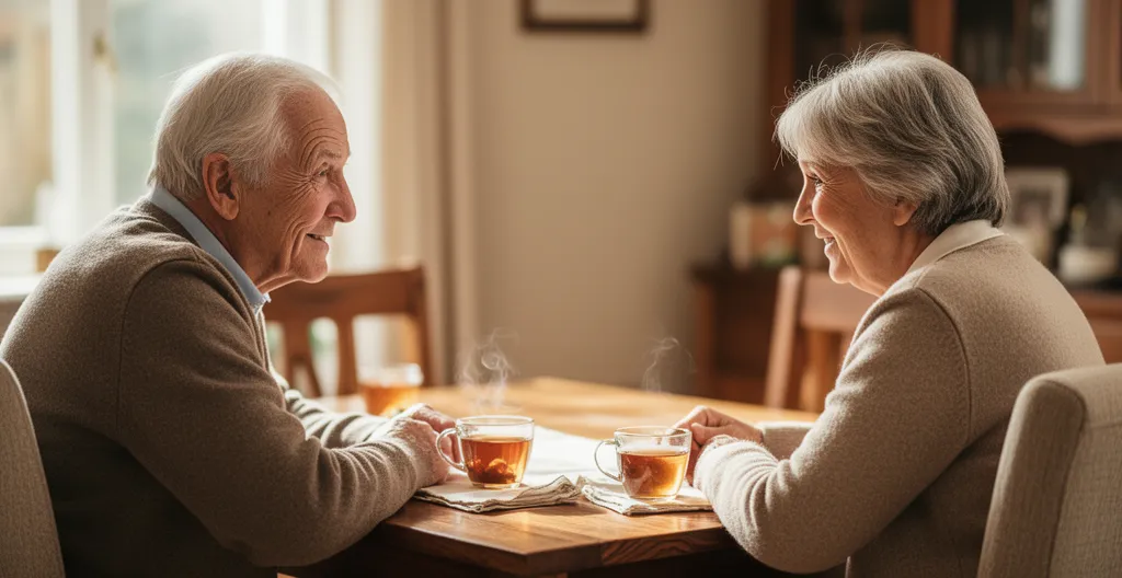 Couple senior échangeant autour d'une table, ambiance chaleureuse