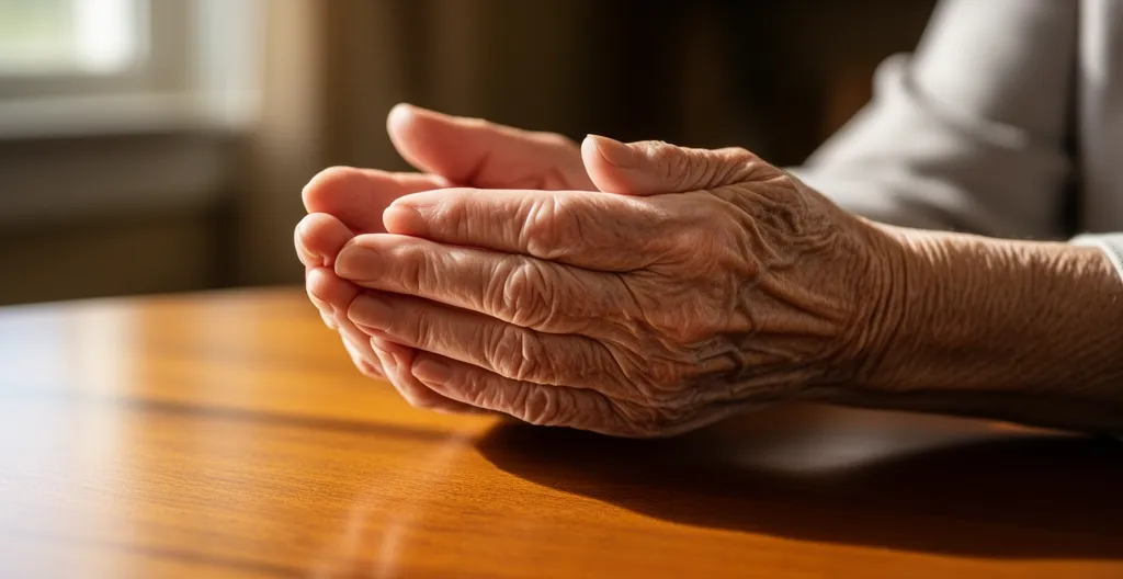 Mains de senior dans un geste protecteur, lumière naturelle douce