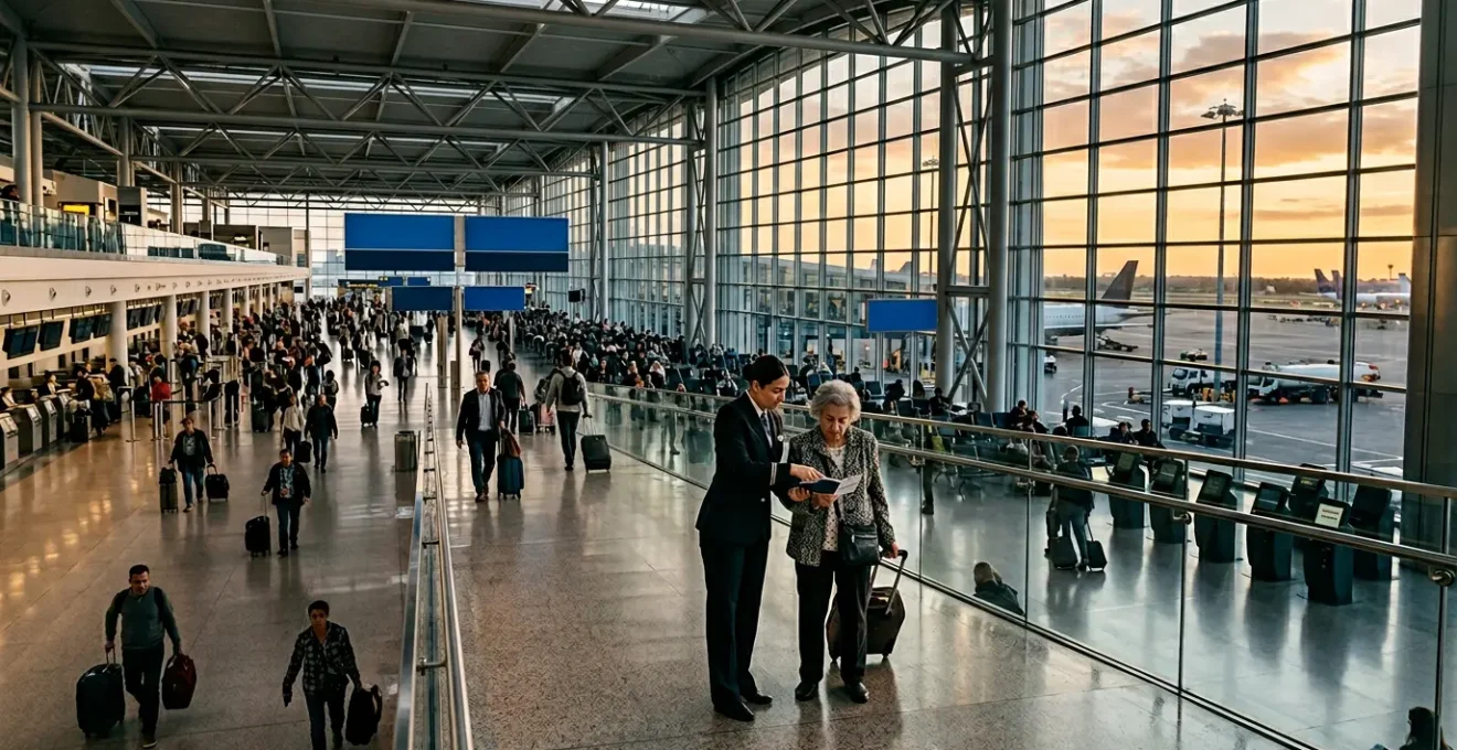 Scène symbolique d'un hall d'aéroport international avec des voyageurs et des professionnels de l'assistance