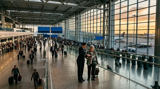 Scène symbolique d'un hall d'aéroport international avec des voyageurs et des professionnels de l'assistance