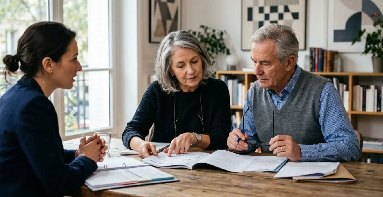 Couple senior consultant des documents financiers avec un conseiller dans un bureau moderne