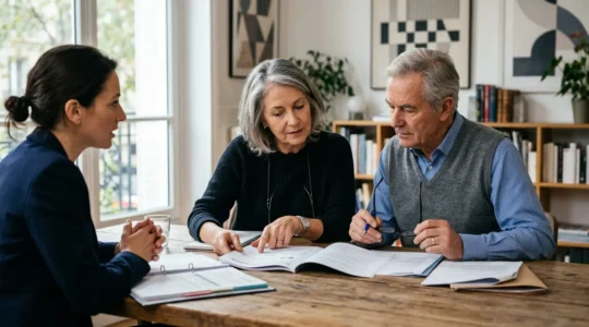 Couple senior consultant des documents financiers avec un conseiller dans un bureau moderne