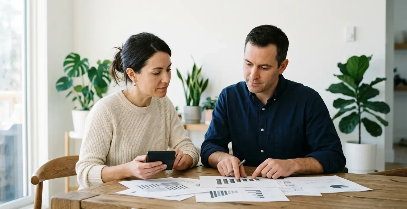 Couple trentenaire consultant des documents financiers dans un salon moderne et lumineux, symbolisant la planification sereine de l'avenir