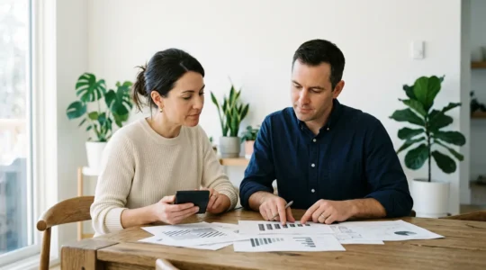 Couple trentenaire consultant des documents financiers dans un salon moderne et lumineux, symbolisant la planification sereine de l'avenir