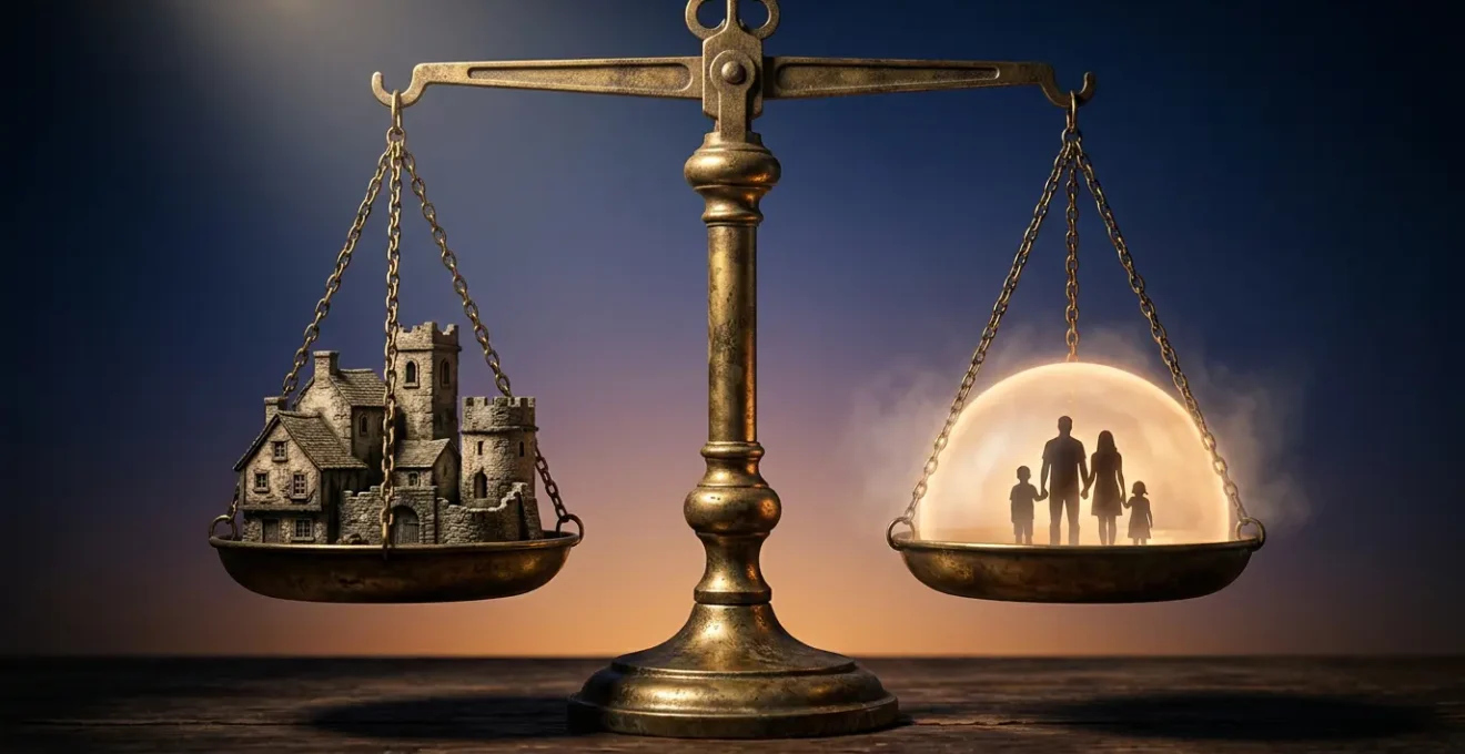 Balance équilibrée entre bâtiments en pierre et silhouettes familiales protégées