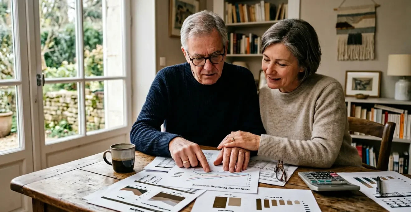 Couple examinant des documents financiers avec calculatrice et graphiques, symbolisant la planification financière après un décès