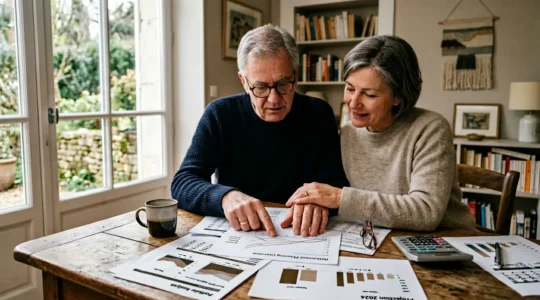 Couple examinant des documents financiers avec calculatrice et graphiques, symbolisant la planification financière après un décès