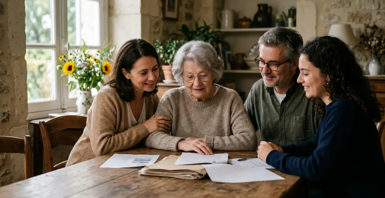 Famille multigénérationnelle sereine examinant des documents financiers autour d'une table en bois