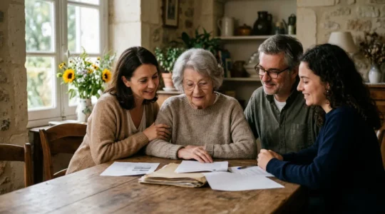 Famille multigénérationnelle sereine examinant des documents financiers autour d'une table en bois