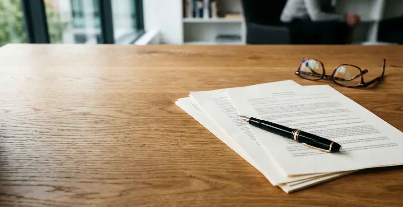 Document de clause bénéficiaire d'assurance-vie avec stylo et calculatrice posés sur une table en bois