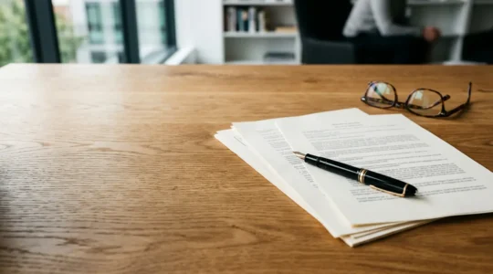 Document de clause bénéficiaire d'assurance-vie avec stylo et calculatrice posés sur une table en bois