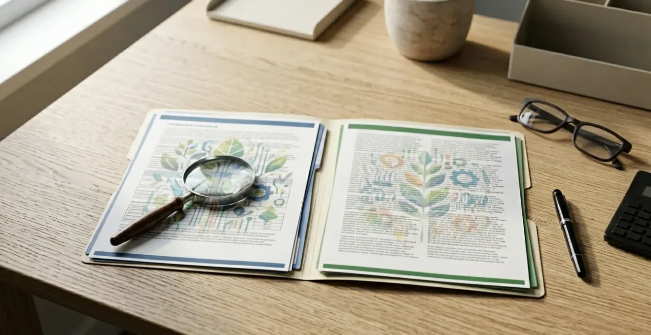 Comparaison attentive de documents d'assurance obsèques sur un bureau éclairé par une lumière naturelle