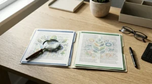 Comparaison attentive de documents d'assurance obsèques sur un bureau éclairé par une lumière naturelle