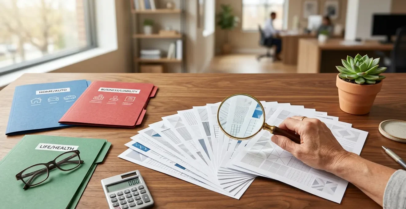 Comparaison visuelle de différents documents d'assurance décès disposés en éventail sur un bureau en bois, avec une main tenant une loupe examinant les détails