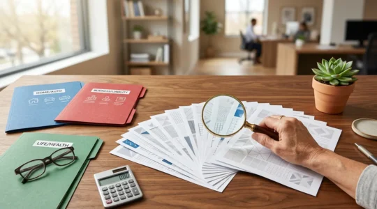 Comparaison visuelle de différents documents d'assurance décès disposés en éventail sur un bureau en bois, avec une main tenant une loupe examinant les détails
