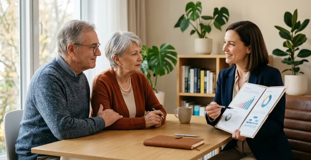 Couple senior consultant un conseiller à propos de leur contrat d'assurance obsèques dans un cadre professionnel et rassurant