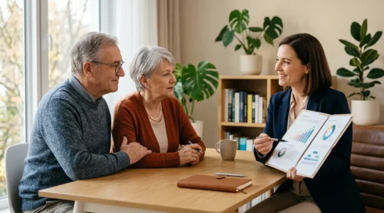 Couple senior consultant un conseiller à propos de leur contrat d'assurance obsèques dans un cadre professionnel et rassurant
