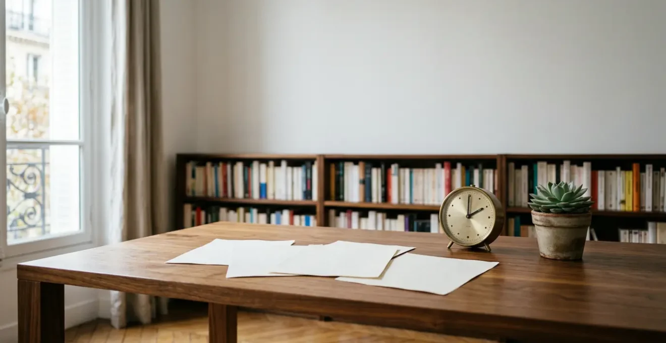 Bureau moderne avec documents de contrat obsèques, horloge murale et plante verte