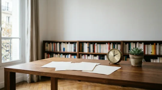 Bureau moderne avec documents de contrat obsèques, horloge murale et plante verte
