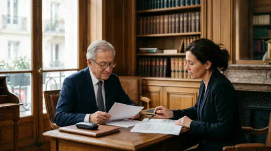Consultation entre un notaire et un client senior examinant un contrat d'assurance obsèques dans un cabinet d'étude