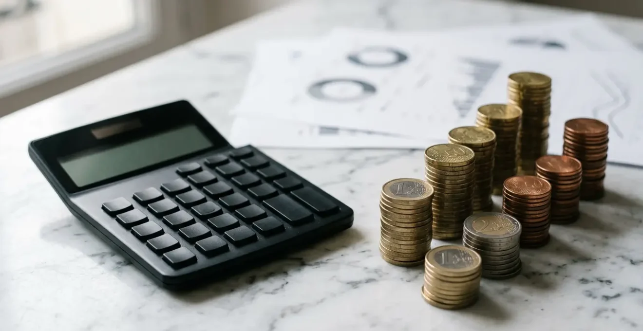 Calculatrice et documents d'assurance obsèques floués avec des pièces d'euro au premier plan