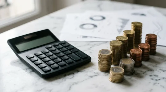 Calculatrice et documents d'assurance obsèques floués avec des pièces d'euro au premier plan