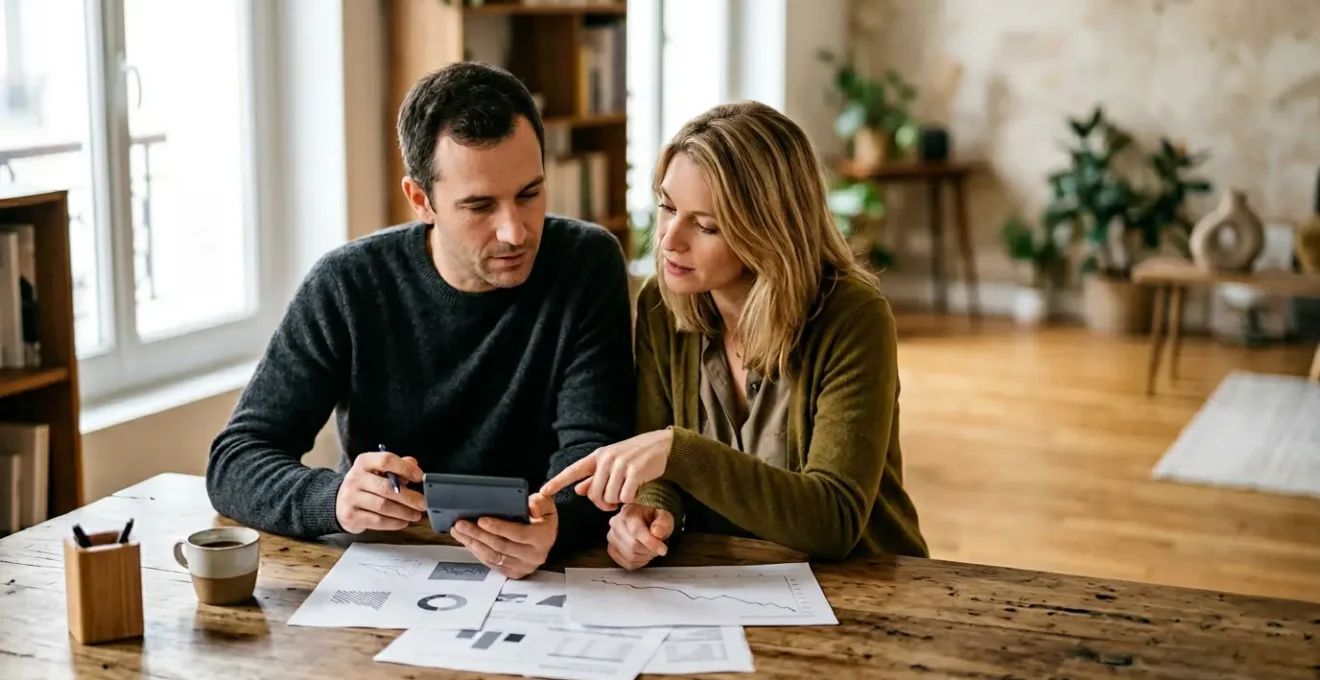 Couple analysant des documents financiers avec calculatrice et graphiques sur table en bois, ambiance chaleureuse et lumineuse