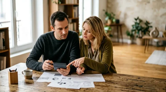 Couple analysant des documents financiers avec calculatrice et graphiques sur table en bois, ambiance chaleureuse et lumineuse