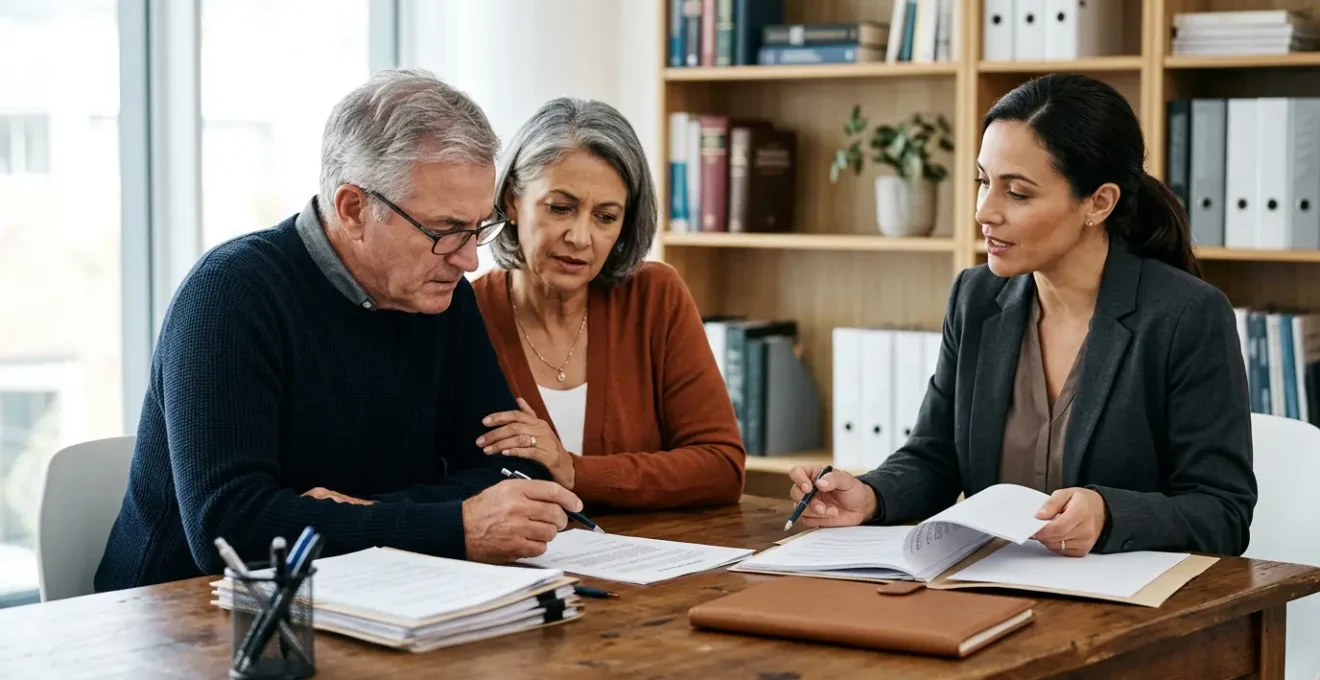 Couple consultant des documents de succession avec un notaire autour d'une table