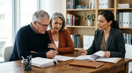 Couple consultant des documents de succession avec un notaire autour d'une table