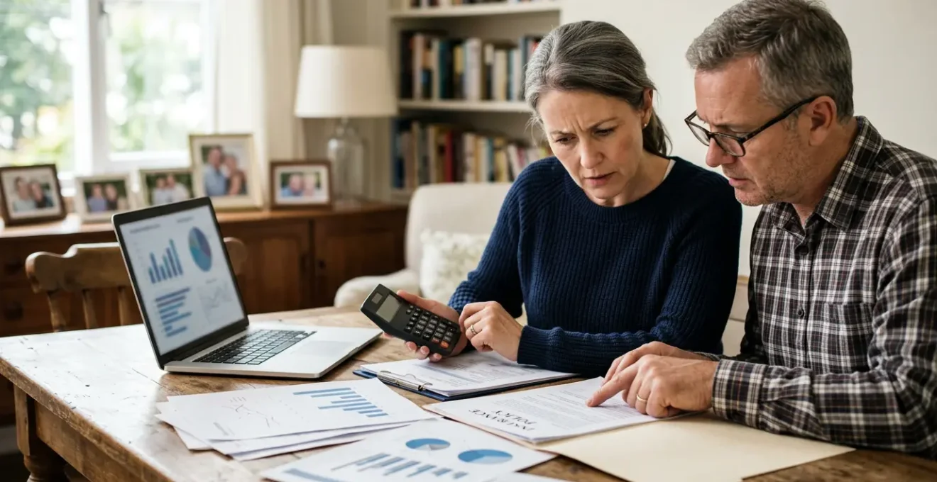 Un couple examine attentivement des documents d'assurance avec une calculatrice et des graphiques sur une table en bois