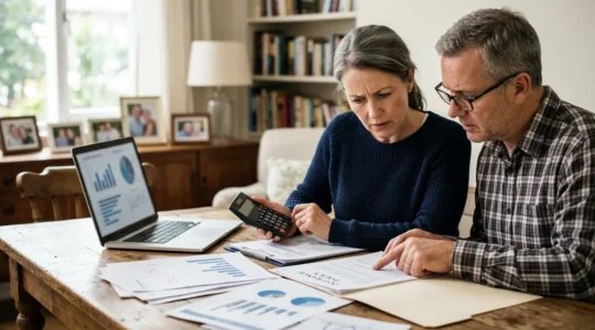 Un couple examine attentivement des documents d'assurance avec une calculatrice et des graphiques sur une table en bois