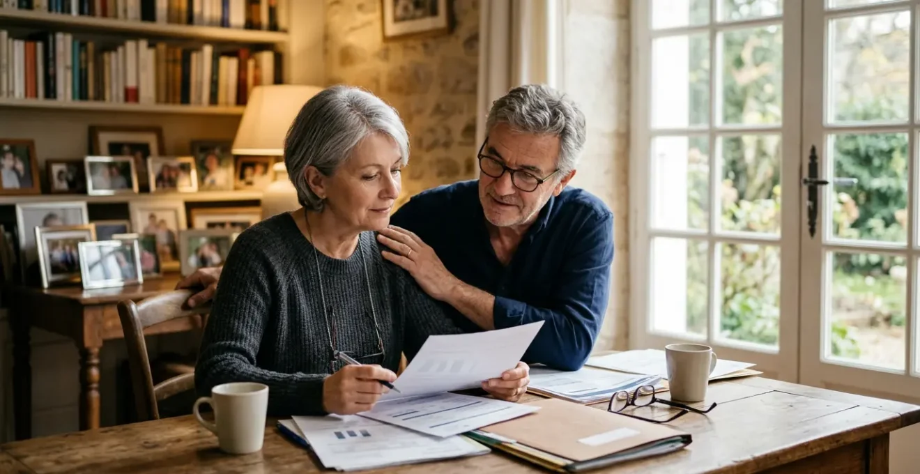 Couple de seniors consultant des documents financiers ensemble dans leur salon