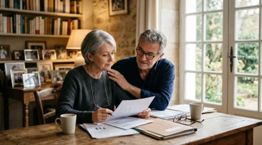Couple de seniors consultant des documents financiers ensemble dans leur salon