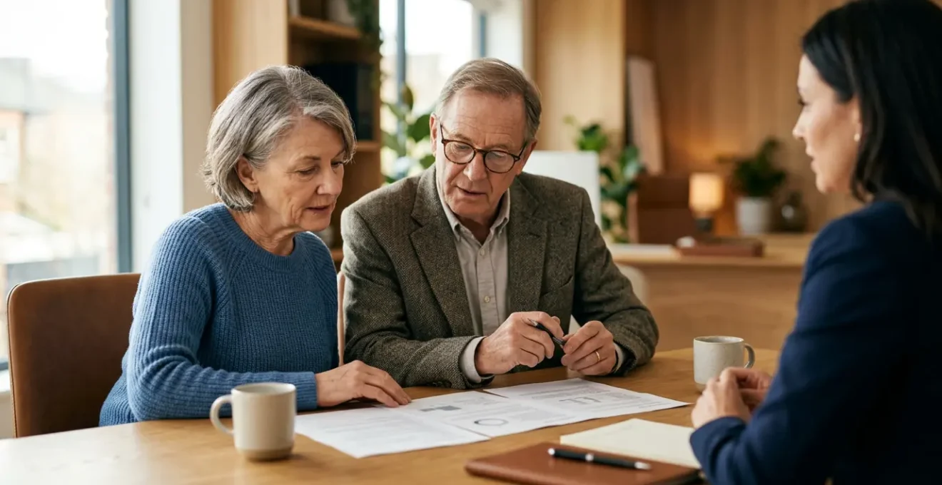 Couple de seniors étudiant des documents financiers avec un conseiller dans un bureau lumineux