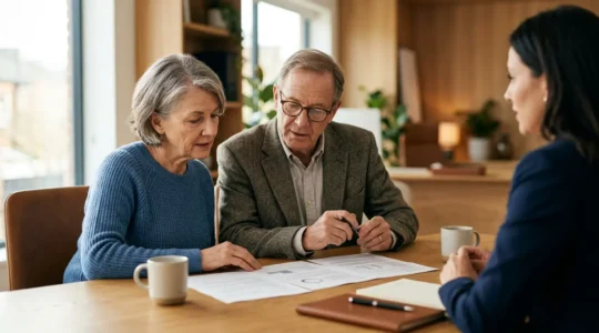 Couple de seniors étudiant des documents financiers avec un conseiller dans un bureau lumineux
