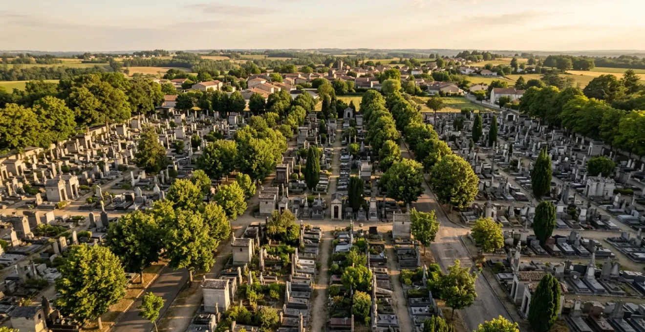 Vue aérienne d'un cimetière français avec monuments funéraires et espaces verts