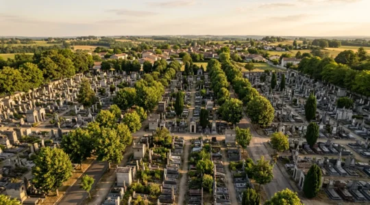 Vue aérienne d'un cimetière français avec monuments funéraires et espaces verts