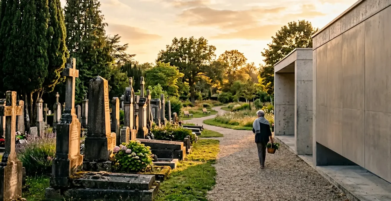 Comparaison visuelle entre différentes options funéraires montrant un paysage serein avec urne cinéraire et monument funéraire