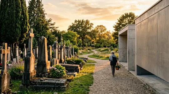 Comparaison visuelle entre différentes options funéraires montrant un paysage serein avec urne cinéraire et monument funéraire