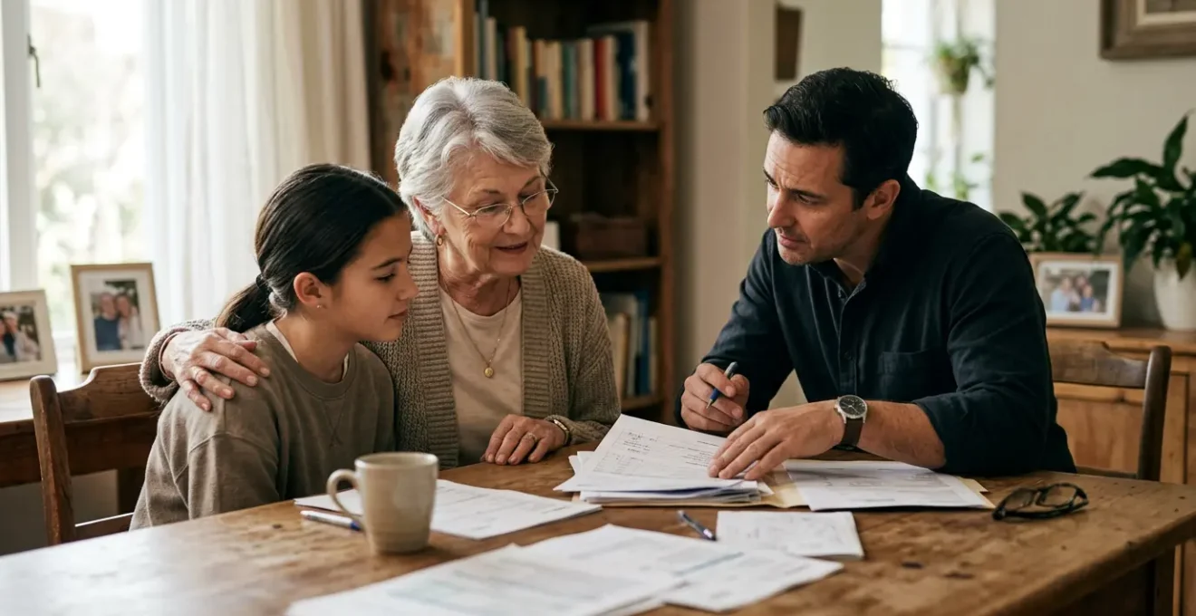 Une famille examine ensemble des documents financiers autour d'une table dans un environnement apaisant