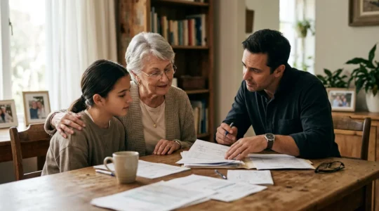 Une famille examine ensemble des documents financiers autour d'une table dans un environnement apaisant