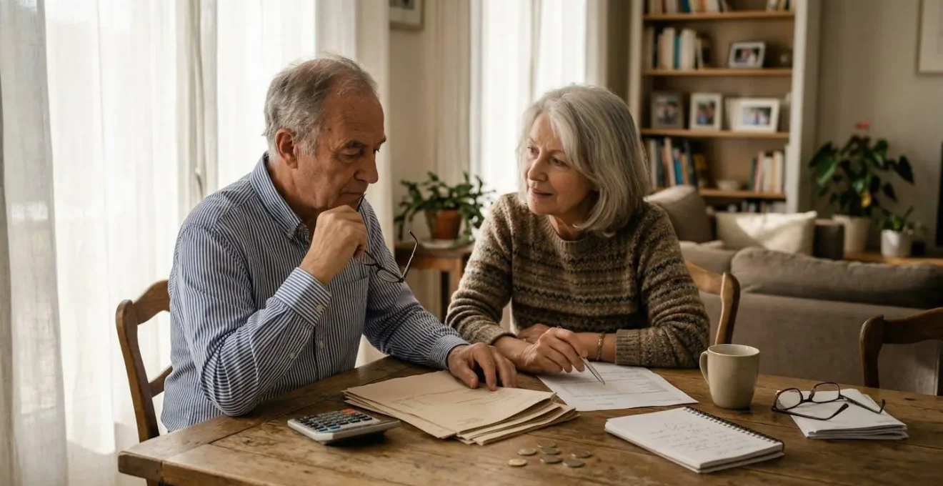 Couple senior examinant des documents d'assurance obsèques dans un salon lumineux avec calculatrice et graphiques d'évolution du capital