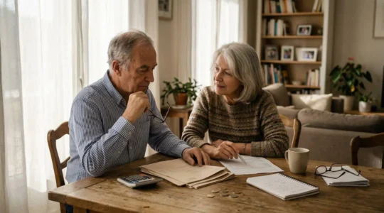 Couple senior examinant des documents d'assurance obsèques dans un salon lumineux avec calculatrice et graphiques d'évolution du capital