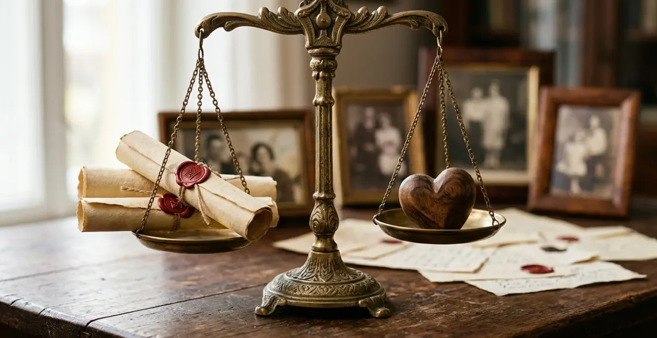 Balance de justice dorée avec documents de testament et photographies de famille floues en arrière-plan