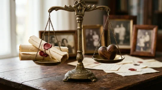 Balance de justice dorée avec documents de testament et photographies de famille floues en arrière-plan