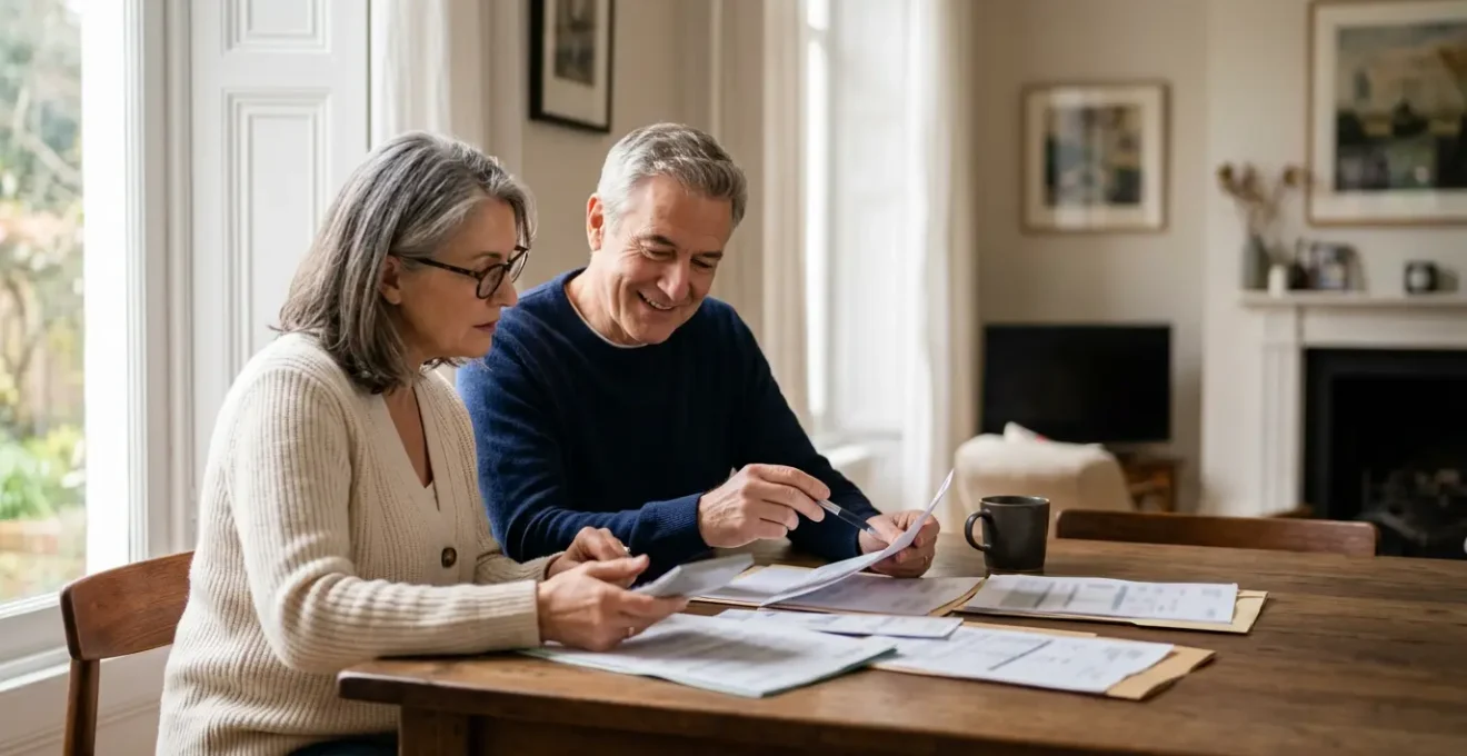 Couple de quinquagénaires examinant des documents immobiliers dans leur salon lumineux