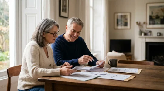 Couple de quinquagénaires examinant des documents immobiliers dans leur salon lumineux