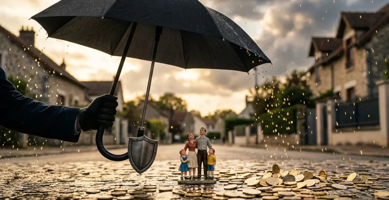 Parapluie protecteur au-dessus d'une famille miniature sous la pluie dorée