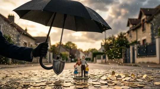 Parapluie protecteur au-dessus d'une famille miniature sous la pluie dorée